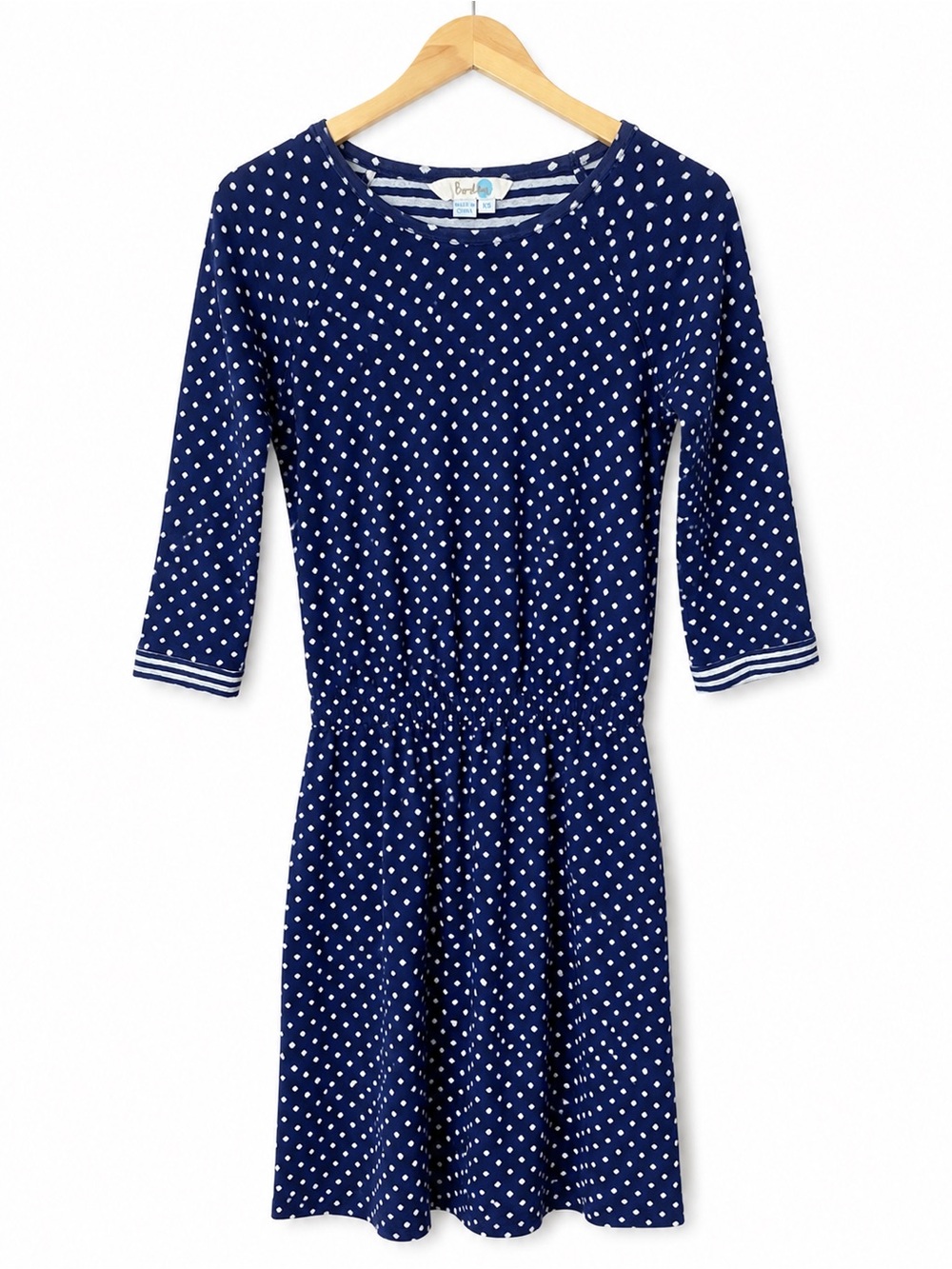 Boden Women's Polka Dot Jersey 3/4 Sleeve Dress with Striped Trim